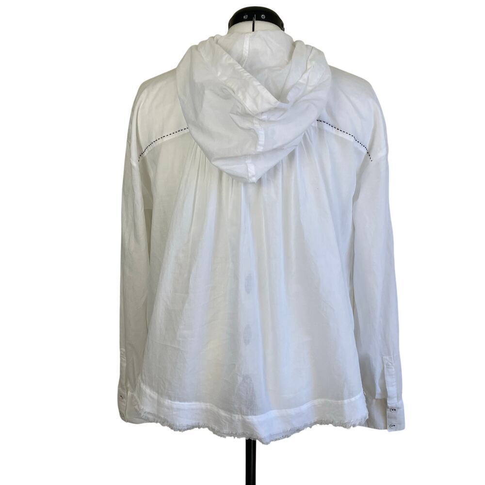 FREE PEOPLE Sz M White Breezy Button Down Shirt Hooded Blouse Raw Trims Cotton - Picture 9 of 16